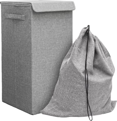 50L Wasmand met Deksel en Waszak - 30x30x60 Wasverzamelaar met Houten Frame - Wasbox Opvouwbaar
