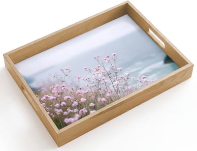 Dienblad hout 40x30 cm - Schootdienblad - Klif - Bloemen - Zee - Roze - Borrelplank rechthoek - Plateau dienbladen