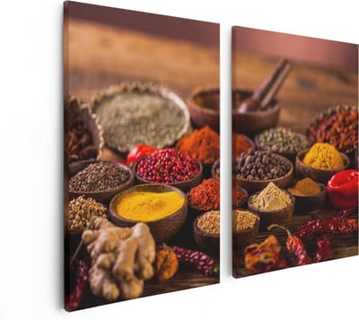 Artaza Canvas Schilderij Tweeluik Diverse Kleurrijke Kruiden Op Tafel - 80x60 cm - Wanddecoratie Woonkamer - Schilderijen - Muurdecoratie