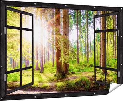 Gards Tuinposter Doorkijk Bos met Zon tussen de Bomen - 180x120 cm - Tuindoek - Tuindecoratie - Wanddecoratie buiten - Tuinschilderij