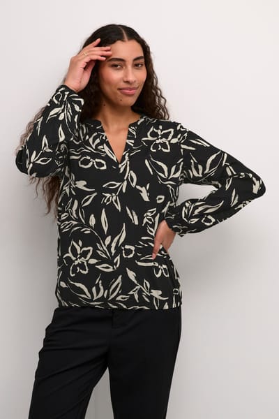 Blouse met lange mouwen Regular fit Black/Sand Painted Flower floral