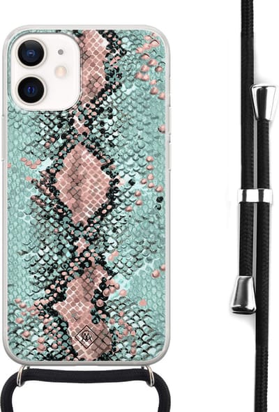 Casimoda® hoesje met koord - Geschikt voor iPhone 12 Mini - Slangenprint pastel mint - Afneembaar koord - Siliconen/TPU - Mint