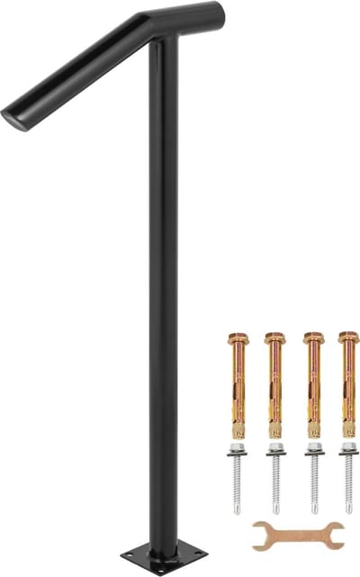 Ronde Metalen Leuning, 2 Treden, Buitentrapleuning 46 cm L x 97 cm H, Inclusief Schroefbare Paal