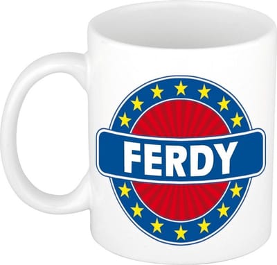Bellatio Decorations - Ferdy voornaam - koffiemok - beker - wit/blauw - 300 ml - Cadeau - Heren - Collega - Vaderdag - Verjaardag