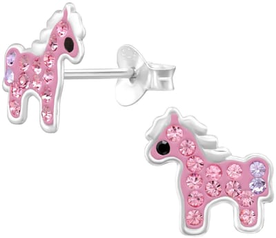 Joy|S - Zilveren paard oorbellen - roze zilver met kristalletjes - 9.6 x 9.9 mm - kinderoorbellen
