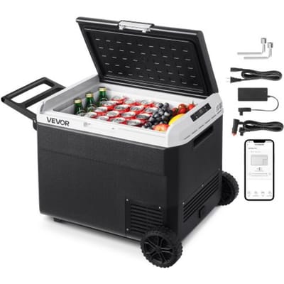 VEVOR 60L elektrische compressor koelbox, 12/24V DC & 100-240V AC draagbare autokoelbox met wielen en handvat, vriest tot -20°C, minikoelkast voor auto, camper, vrachtwagen, camping en buitengebruik