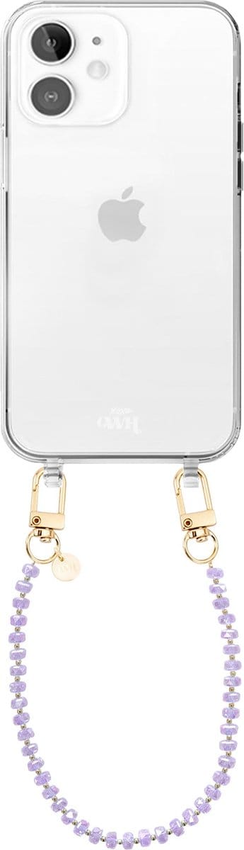 xoxo Wildhearts siliconen hoesje geschikt voor iPhone 12 hoesje - Crystal (Paars) - Telefoonhoesje - Hoesje met koord - Kristal ketting - Kristallen met gouden details - kort telefoonkoord - Transparant hoesje