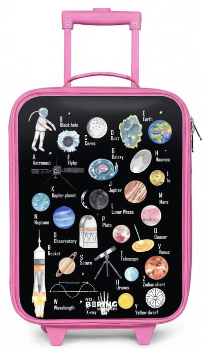 NoBoringSuitcases.com® - Kinderkoffer roze - Kindertrolley meisje - Alfabet in ruimte thema - Koffer kind lichtgewicht - Reiskoffer trolley voor kinderen - Koffertje met lichtgevende wieltjes - Rolkoffer