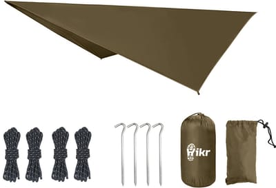 Hikr Tarp voor Hangmat – 210T Polyester – Bushcraft & Survival – Luifel en zonnescherm – Lichtgewicht tentzeil en regenzeil – Bruin