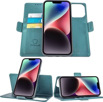 Geschikt voor iPhone 14 Pro Book Case Hoesje - Uitneembaar Hoesje - Magnetische Sluiting - Portemonnee Turqoise