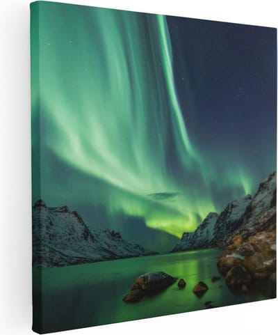 Artaza Canvas Schilderij Noorderlicht Ijsland - 30x30 cm - Klein - Wanddecoratie Bergen - Muurdecoratie Kust - Kamer Accessoires