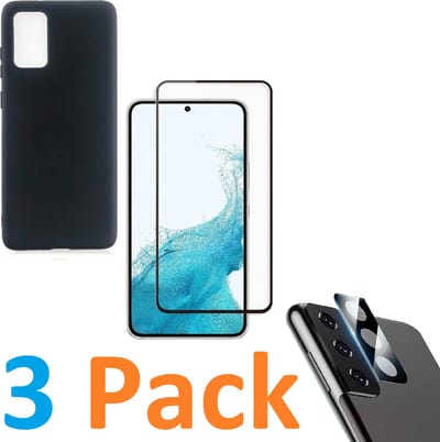 Soft TPU Siliconen Hoesje Back Cover zwart + Display Full Tempered Glass Screen Protector  + Camera lens Beschermer zwart Geschikt voor :Samsung Galaxy S22