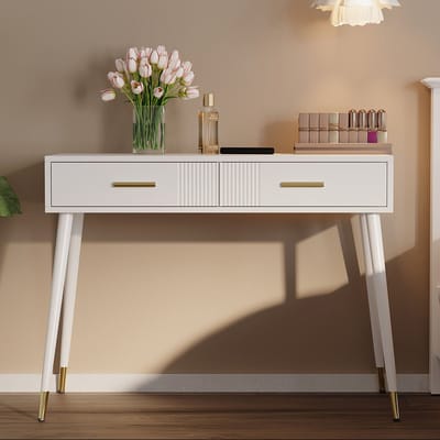 Pugsdrly Kaptafel, make-uptafel, bureau met 2 lades, metalen poten, wit, afmetingen: H 76 cm × B 100 cm × D 40 cm (zonder spiegel)