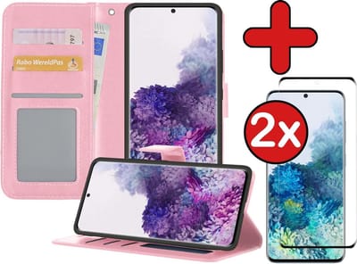 Hoesje - Met 2x Screenprotector - Geschikt voor Samsung Galaxy S20 Ultra - Luxe Pasjeshouder - Flip Case - Bookcase Portemonee - Kunstleer Book Case - Flipcase Hoes - Book Cover - Walletcase - Portemonneehoes - Telefoonhoes - Lichtroze