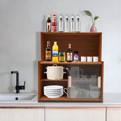 Keuken Opbergkast voor Werkblad – 2-Laags Kast met Open Werkblad en Transparante Laden – Keuken Organizer 55 x 28 x 61 cm – Donkerbruin