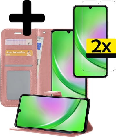 Hoesje - Met 2x Screenprotector - Geschikt voor Samsung Galaxy A34 - Luxe Pasjeshouder - Bookcase Portemonee - Flip Case - Kunstleer Book Case - Flipcase Hoes - Book Cover - Walletcase - Portemonneehoes - Telefoonhoesjes - Rosé goud