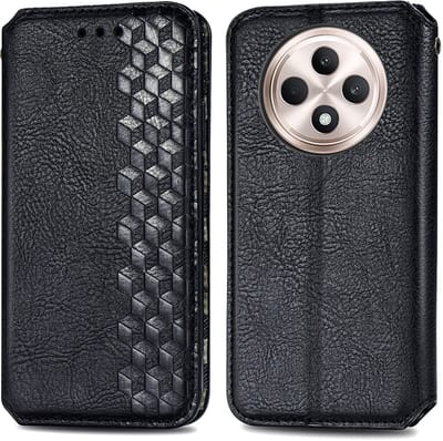 Luxe PU Lederen Ruitpatroon Wallet Case + PMMA Screenprotector voor OPPO Reno 12 F 4G/5G / 12 FS 5G _ Zwart