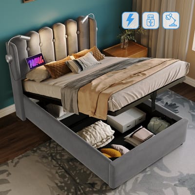 STILVORA Gestoffeerd Bed 90x200cm - Bed met 2 USB-Poorten en Leeslicht - Met Opbergvak - Fluweel - Grijs