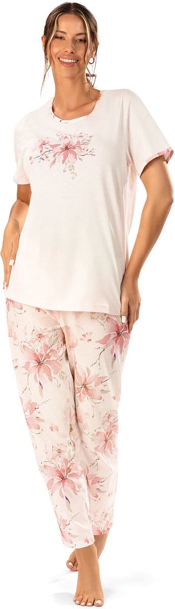 Ascafa Dames Pyjama – Deluxe - Korte Mouw – Lange Broek – 100% Katoen - Lichtroze - Maat 46