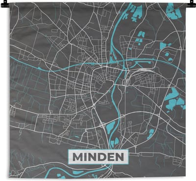 Wandkleed - Wanddoek - Minden – Stadskaart – Blauw – Plattegrond – Stadskaart – Kaart - Duitsland - 180x180 cm - Wandtapijt