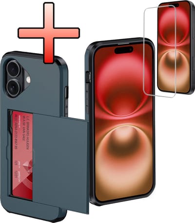 Hoes Geschikt voor iPhone 16 Hoesje Pasjeshouder Hard Cover Met Screenprotector Shock Proof Hard Case Hoes Met Kaarthouder - Donkerblauw