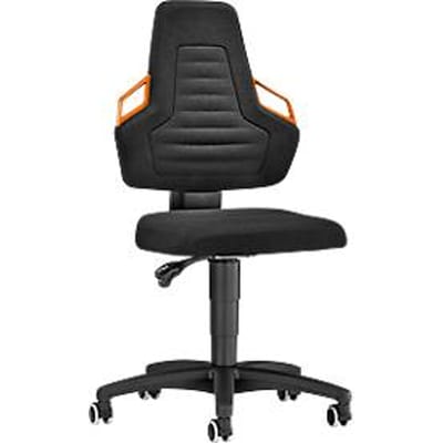 Werkdraaistoel, wielen, zwarte stof, oranje handgrepen