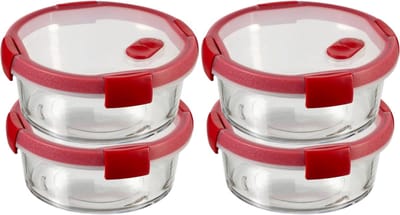 Curver Smart Cook Vershouddoos - Glas met deksel - Rond - Set van 4 x 0,6L - Rood/Transparant