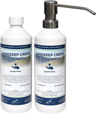 Handzeep Crème Eucalyptus 500 ml - set van 2 stuks - met gratis RVS zilverkleurige pomp - Voordeelverpakking