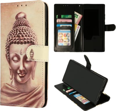HB Hoesje Geschikt voor Samsung Galaxy S21 Ultra - Portemonnee Book Case met Print - Hoes met Pasjeshouder, Magneetlipje en Standaardfunctie - Buddha Goud
