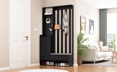STILVORA Halkasten - Garderobeset Halmeubel Met 4 Open Schoenenrekken En Gevoerde Bank - 100x35x180 cm - MDF - Zwart
