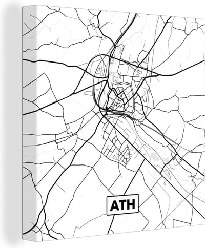 Canvas Schilderij Stadskaart – Plattegrond – België – Zwart Wit – Ath – Kaart - 20x20 cm - Wanddecoratie