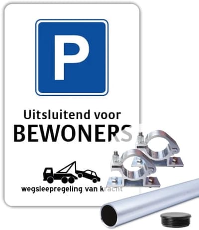 Bord uitsluitend voor Bewoners - Weerbestendig Aluminium - 40x60 cm - Bevestiging: Met paal 150 cm + paalbeugels + paaldop