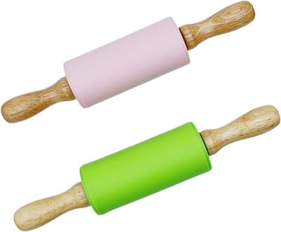 Set van 2 Siliconen Deegrollers met Houten Handvat - 23 x 4,2 cm - Antikleef, Ideaal voor Taart, Pizza en Bakken