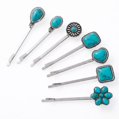 Turkoois haarschuifjes dames set met steenlook details en bloem vorm – bohemian retro haarspelden voor vlechten knot en paardenstaart – zevendelige set