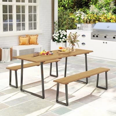 Tuinset - Picknicktafel Met 2 Banken - Voor 6 Personen Met Parasolopening En Verstelbare Voetpads - Voor Tuin En Terras - Hout Naturel