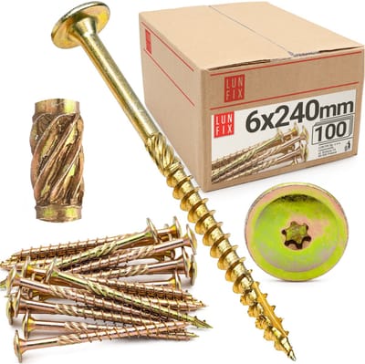LUN FIX - Tellerkopfschroeven 6x240 - 100 stuks - TX40 Torx - Tellerkop met freestrips - Houtschroeven