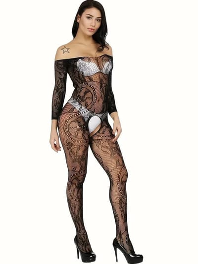 LekkerStout Transparante Catsuit - Open Kruis - Zwart - Sexy Lingerie | S-L | ( LS199 )