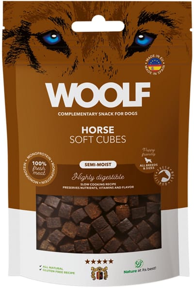 Woolf hondensnack aanvullen hondenvoer - malse paardenblokjes - 100 gram - 100% vers vlees - monoproteine - glutenvrij - premium - als trainingssnack of...