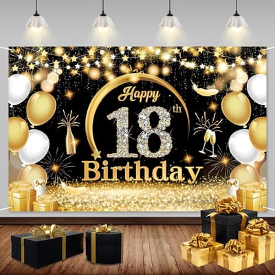 Verjaardagsdecoratie Banner - Feest Achtergrond - 18e Verjaardag Vieren - Stoffen Materiaal - 180x110cm - Zwart Goud