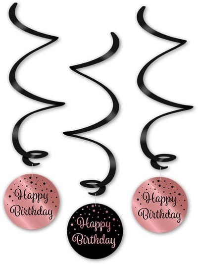 LUQ – Swirls Happy Birthday – Roze-Zwart – 3 stuks – Lux Verjaardag Decor – Feest Versiering – Slinger – Direct Ophangen