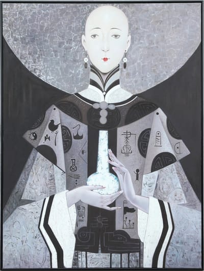 Fine Asianliving Olieverf Schilderij 100% Handgeschilderd 3D met Reliëf Effect en Zwarte Omlijsting B90xH120cm Chinese met Vaas