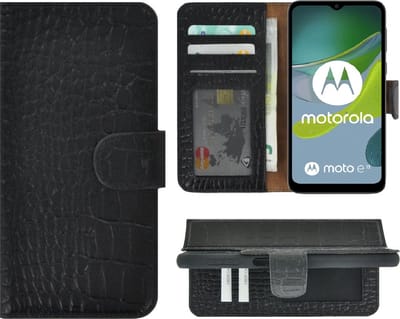 MoDo hoesje Geschikt voor Motorola Moto E13 - Echt Leer Book Case - Croco Zwart