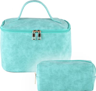 Nouka Turquoise Blauwe Dames & Meisjes Toilet Etui Set - Toilettas - Beauty Case – Make Up Tas / Tasje – Grote Inhoud - PU Leer – Klein – Cadeau voor Vrouwen - Cadeau voor Kinderen – Cadeau voor Meisjes