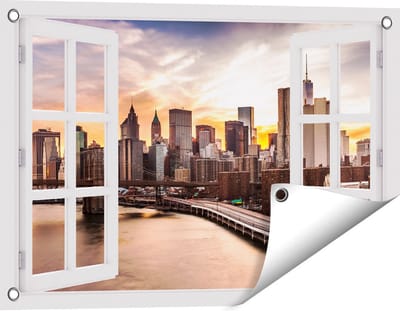 Gards Tuinposter Doorkijk Brooklyn Bridge Brug in New York - 60x40 cm - Tuindoek - Tuindecoratie - Wanddecoratie buiten - Tuinschilderij