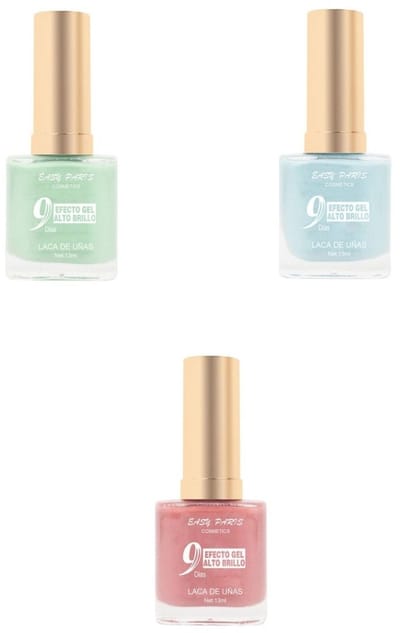 Easy Paris Cosmetics - Set met 3 Flesjes Pastel Nagellak - Groen - Blauw - Roze/Abrikoos/Perzik - Inhoud per flesje 13 ml.