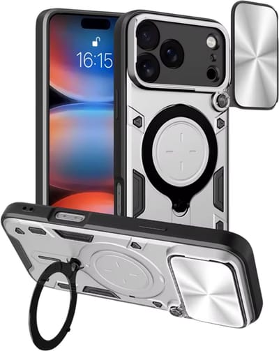 Beschermhoes geschikt voor iPhone 17 – Extra Sterk Shockproof – Met Ringhouder & Magnetische Autohouder - Zilver
