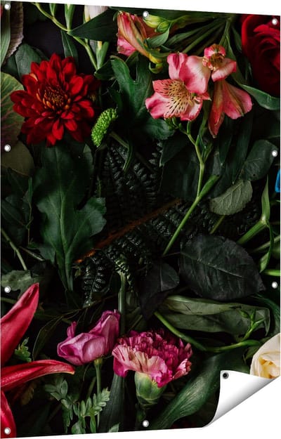 Gards Tuinposter Kleurrijke Bloemen met Groene Bladeren - 90x120 cm - Tuindoek - Tuindecoratie - Wanddecoratie buiten - Tuinschilderij
