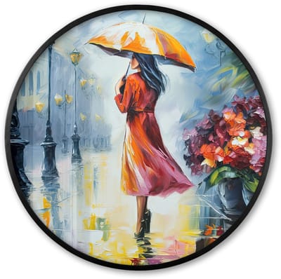 Poster in lijst Rond - Fotolijst 60x60 cm - Posters - Olieverf - Paraplu - Vrouw - Straat - Kunst - Ronde posterlijst zwart - Decoratie - Wanddecoratie woonkamer - Muurdecoratie slaapkamer