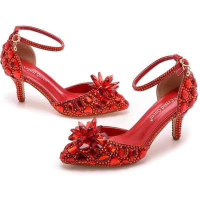 7cm Grote Maat Sandalen Dunne Hak Puntige Neus Kristalglas Bloem Hoge Hak Sandalen Champagne Goud Banket Diner Damesschoenen 38 red