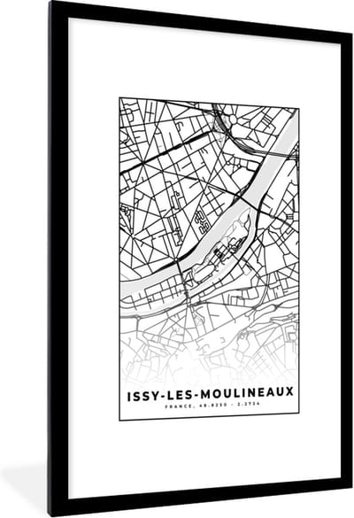 Fotolijst incl. Poster Zwart Wit- Kaart - Stadskaart - Frankrijk - Plattegrond - Issy-les-Moulineaux - Zwart wit - 80x120 cm - Posterlijst